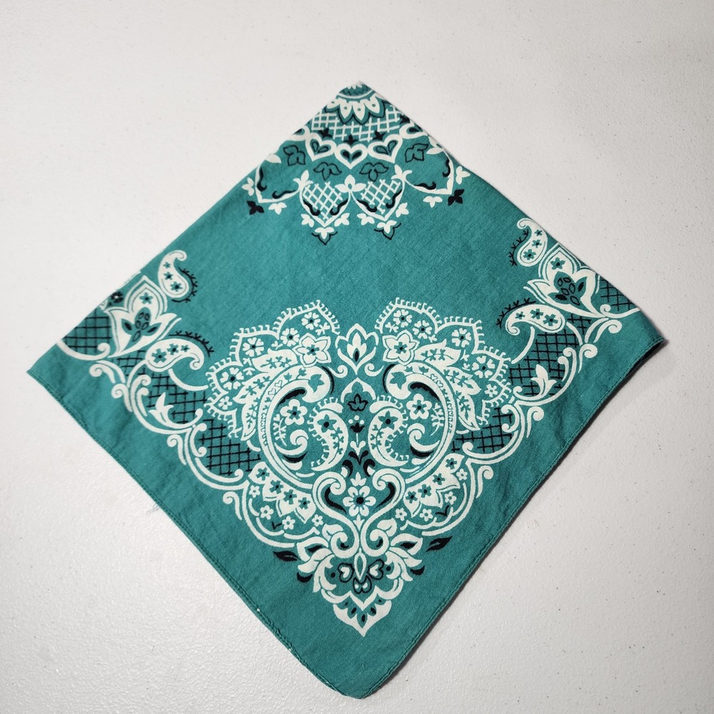 Vintage Teal Paisley Bandana 100% Cotton Fast Color RN 13960 Mandala Print Scarf